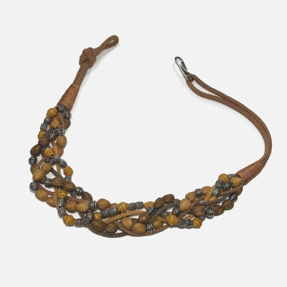 Vintage Woven Belt Wood Beads Silver Hook Women’s S Boho Rustic Artisan Style